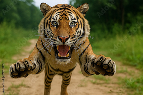 Fierce Tiger Leaping Forward in the Wild