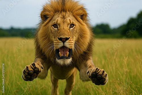 Majestic Lion Leaping Forward in the Wild