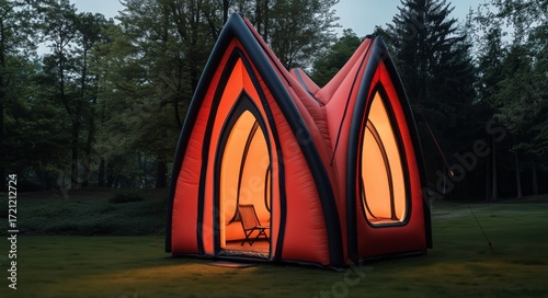 Unique Inflatable Tent Stands out in Forest During Evening Light.