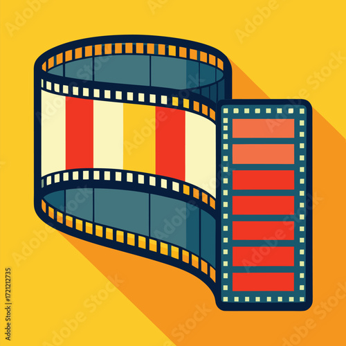 Retro styled movie film strip curled next to movie frame on yellow background