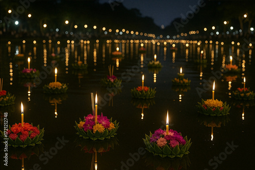 Floating Krathongs with Candlelight on the River