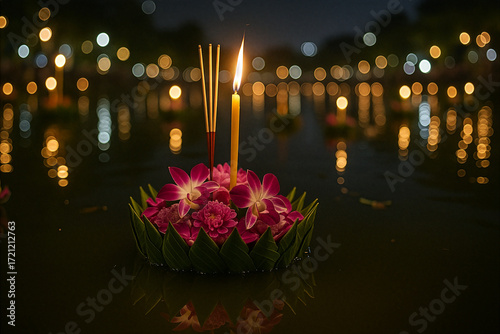 Beautiful Krathong with Orchids and Candlelight