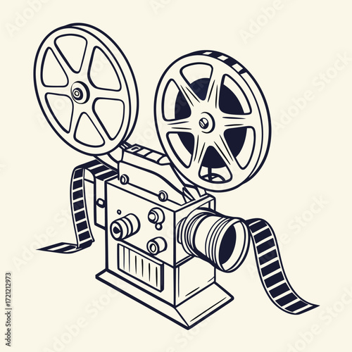 Vintage movie projector displays film reels and detailed lens, rendered in dark blue lines