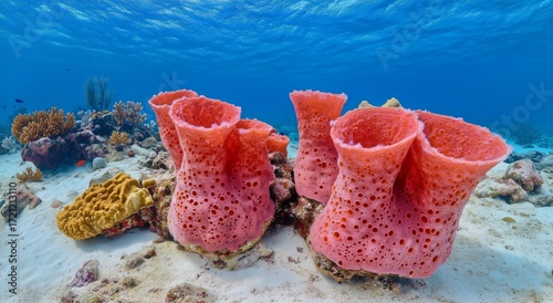 Bright Pink Coral Formations Thrive in Clear Blue Ocean Waters Near a Vibrant...