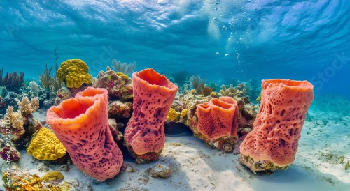 Bright Pink Coral Formations Thrive in Clear Blue Ocean Waters Near a Vibrant...
