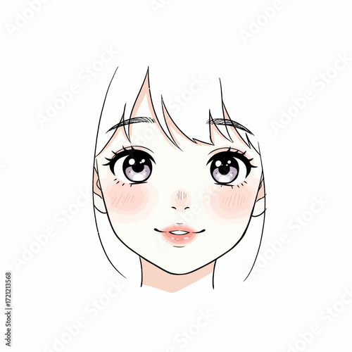 Anime-inspired facial portrait with gentle blush and captivating eyes, a vector illustration