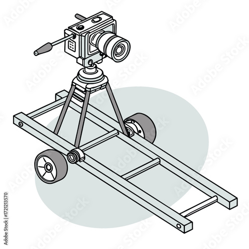 Outlined camera is mounted upon a dolly platform with wheels, presenting modern filmmaking