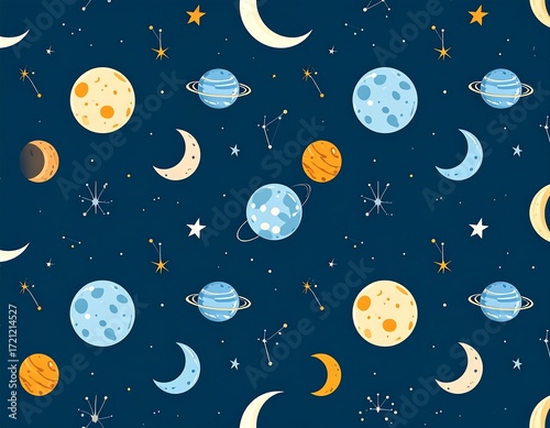 Cute space pattern with planets and moons