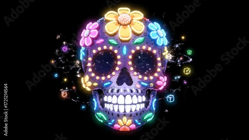 A vibrant and ornate sugar skull glowing with colorful neon lights and floral designs, a modern artistic concept for a festive celebration