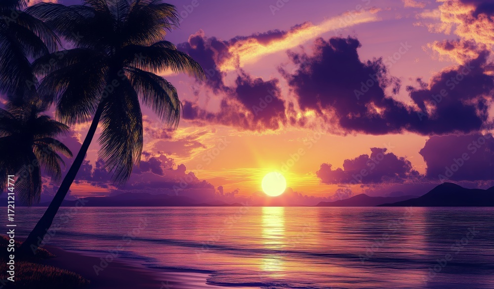 Obraz premium Sunset Over the Calm Ocean With Palm Trees Silhouetted Along the Coastline