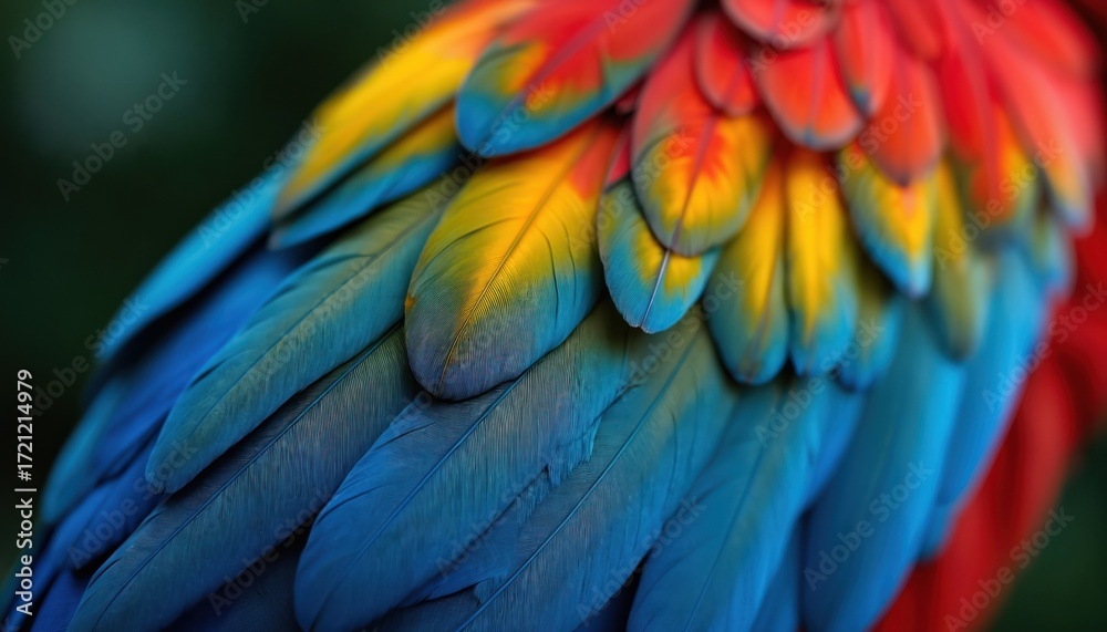 Obraz premium Close-up abstract pattern of colorful bird feathers, featuring vibrant blue, yellow, red hues. Texture of macau plumage forms natural background for web design banners. Seamless, detailed feather