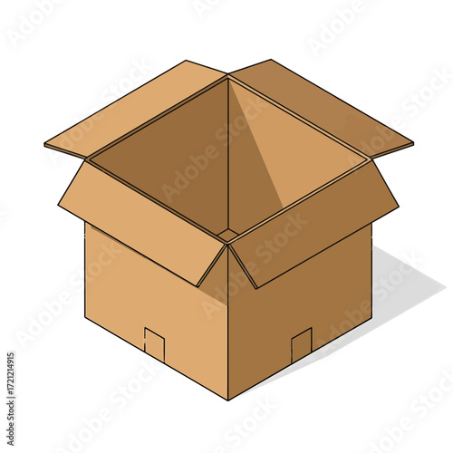 An empty, open brown cardboard box viewed from above, with its four flaps extended outwards, casting a subtle shadow below