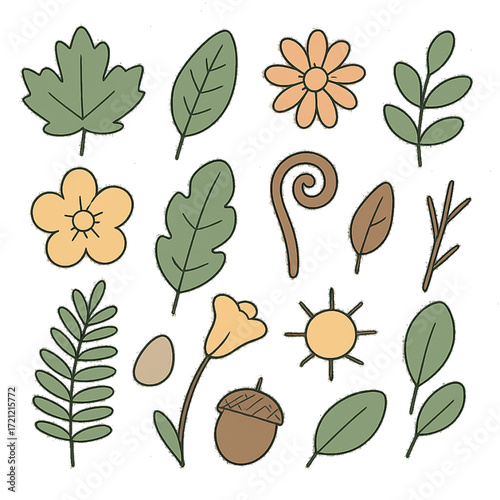 Charming hand-drawn botanical elements and nature icons bring organic beauty and whimsical charm to your creative projects