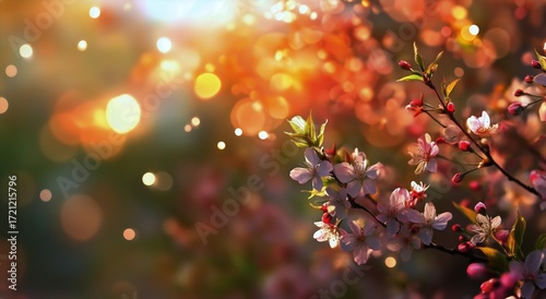 Cherry Blossoms Bloom Beautifully in Soft Sunlight During Springtime in a Tra...