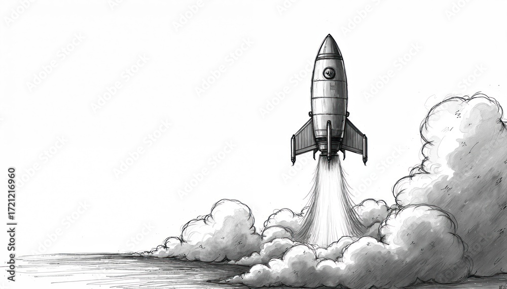Naklejka premium Hand-drawn illustration of rocket launching into space. Sketch shows innovation, progress. Rocket ascends in clouds, smoke, startup growth, future exploration, technological advancement.