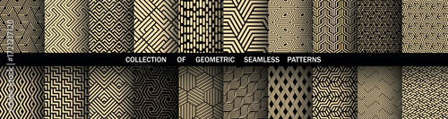 Geometric set of seamless black and golden patterns. Simple vector graphics