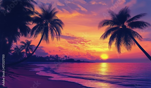 Sunset Over the Calm Ocean With Palm Trees Silhouetted Along the Coastline.