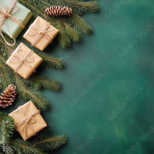 Holiday Gifts Arranged With Pine Branches and Cones on a Green Background