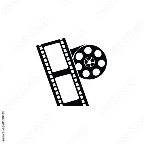Black movie film reel showcases cinematic history with classic frame and reel icon