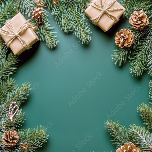Holiday Gifts Arranged With Pine Branches and Cones on a Green Background.
