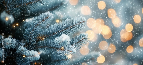Snow Falls Gently on a Spruce Tree Adorned With Warm Lights During the Festiv...