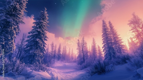 Northern Lights Illuminate a Snowy Forest Under a Starry Night Sky in Winter ...