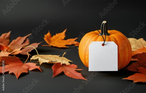 Colorful Autumn Leaves Surround a Bright Orange Pumpkin on a Dark Background