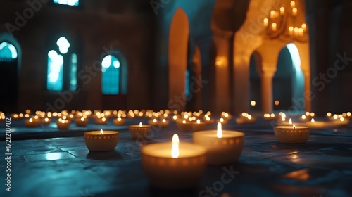 Photograph of a dimly lit interior featuring numerous glowing candles on a stone floor.