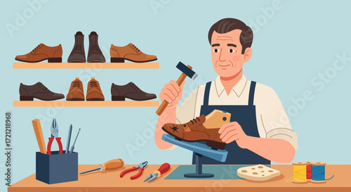Craftsman working diligently on a shoe with tools and shoes in the background, a skilled artisan at work
