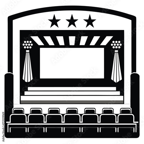 Black and white design shows empty cinema with a screen, stars, and seats
