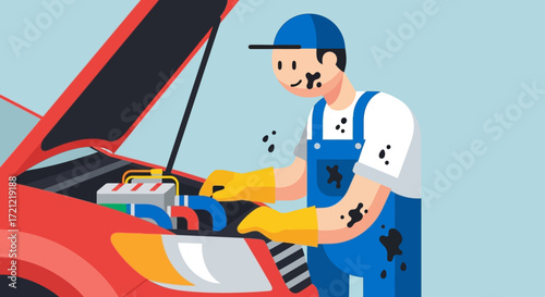 Car repair service concept with a cartoon auto mechanic character working on a vehicle engine under the open hood