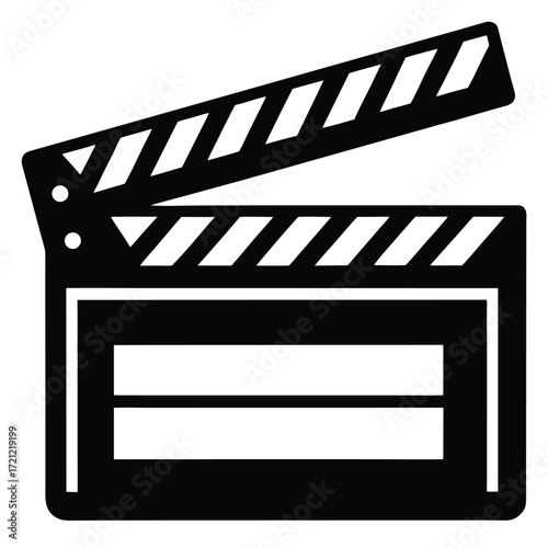 Black clapperboard with its top piece open reveals two empty white rectangular fields for text