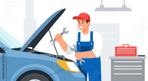 Skilled auto mechanic in a professional garage setting, diligently inspecting and repairing a vehicle with the hood open, demonstrating expertise in car maintenance and service