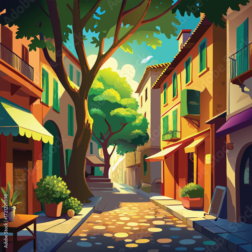 Sunny European street with large tree and cobblestones