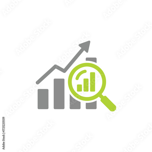 Flat icon of business growth chart with magnifying glass