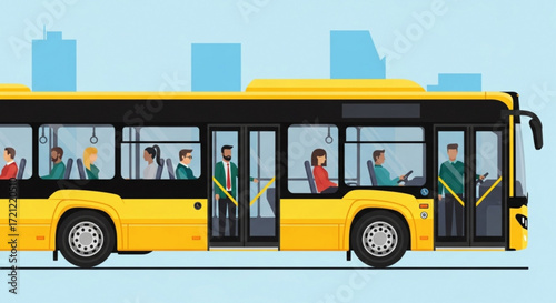 Yellow city bus public transportation with passengers and driver in urban environment vector illustration