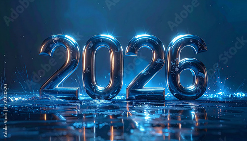 A futuristic and glossy 2026 is displayed with a reflective surface and a vibrant blue background, perfect for new year celebrations.