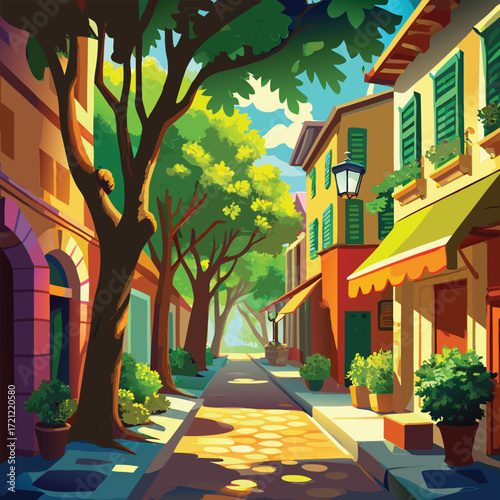 Sunny European street with trees and cafes town city