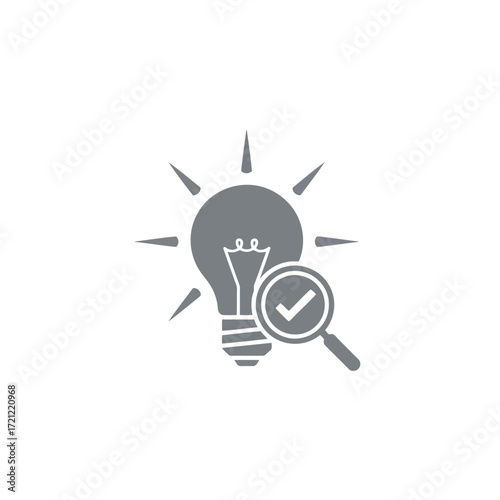 Flat icon of light bulb icon with magnifying glass and check mark