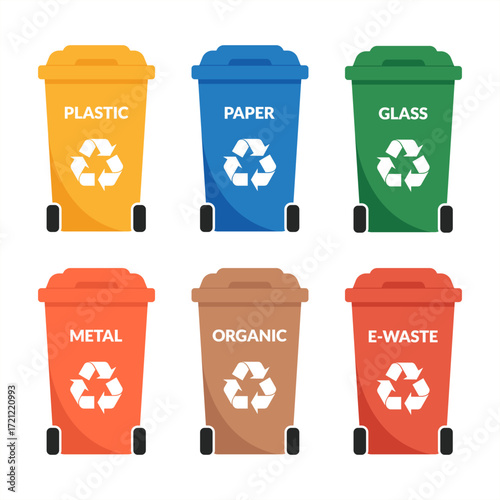 Colorful vector illustration of recycling bins for plastic, paper, glass, metal, organic and e-waste. Waste sorting containers for environmental protection and eco-friendly lifestyle.