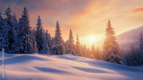 Snowy Pine Forest at Sunrise With Colorful Sky in Winter Landscape