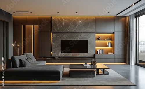 Modern Living Room Design With Sleek Furniture and Elegant Lighting in a Styl...