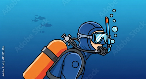 Scuba diving adventure in the ocean with diver exploring underwater marine life and coral reefs safely