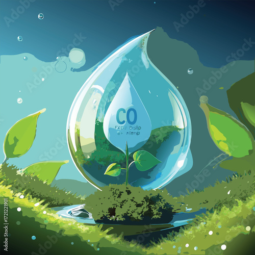 Water Drop with C O2 Symbol and Growing Plant droplet