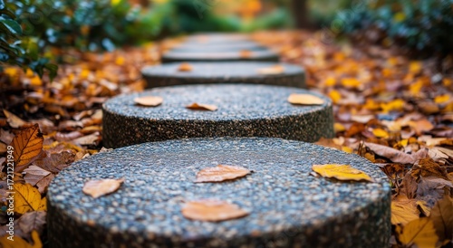 Colorful Autumn Pathway With Stepping Stones in a Serene Garden Setting