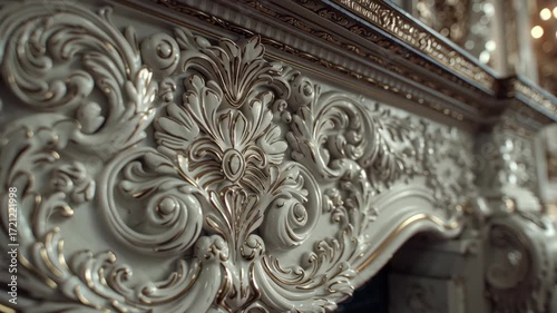 Close-up of an ornate fireplace mantel with intricate carvings and gold accents. The background features blurred chandeliers and elegant decor.
