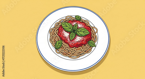 Delicious spaghetti with tomato sauce and basil leaves on plate italian food recipe illustration vector