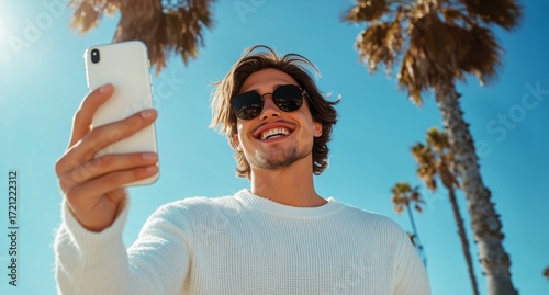 Young Man Takes Selfie at Beach Under Palm Trees in Bright Sunlight.