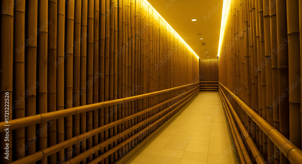 Obraz premium Bamboo-themed hallway with wall-mounted bamboo rods and soft yellow lighting guiding the path.