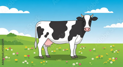 Cartoon cow illustration vector image of black and white dairy cow in green field with blue sky art 100